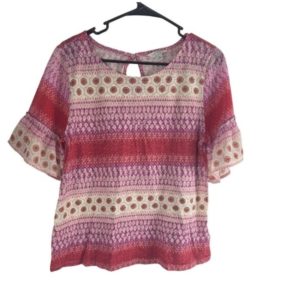 Lucky Brand‎ Cottage Core Short Flounce Sleeve Top S Womens Light Weight Boho